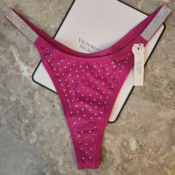 Victoria's Secret Diamanté Shine Strap Thong Bikini Bottom Berry - Picture 1 of 7